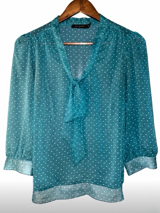 The Limited Tops - The Limited Teal Polka Dot Tie Neck Blouse XS | Sheer 3/4 Sleeve